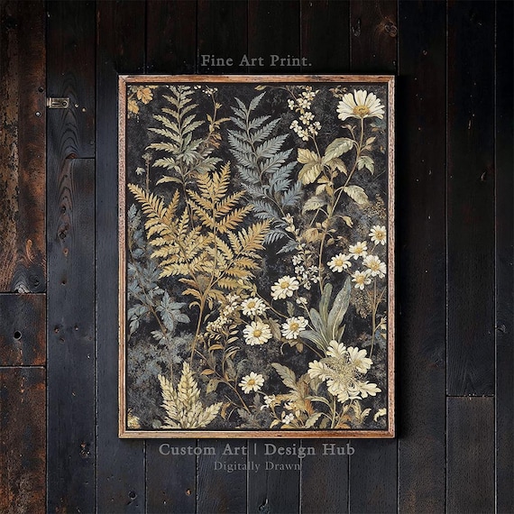 Vintage Botanical Wall Art Print Golden Floral Painting Rustic Nature Decor