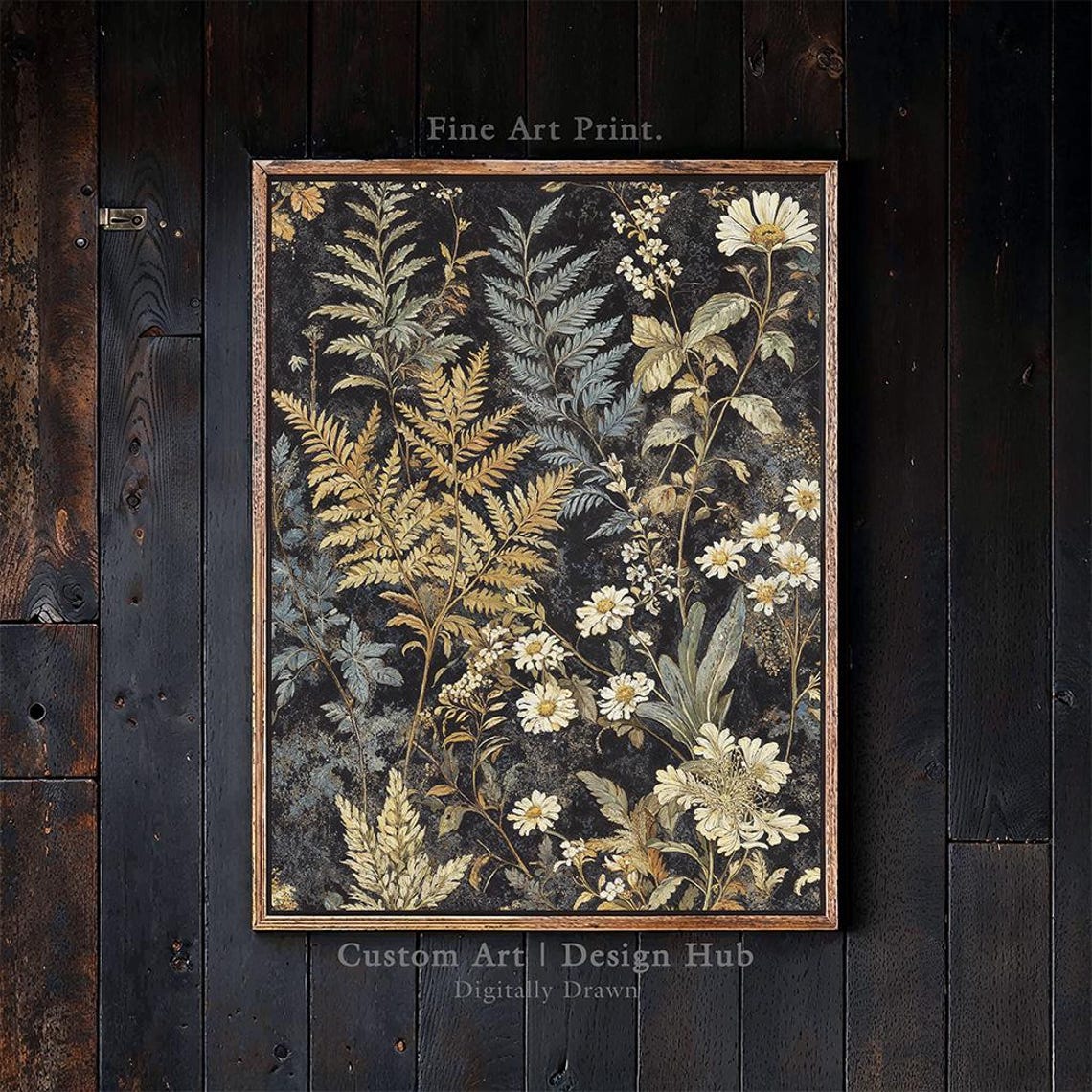 Golden Ferns and White Daisies on Black Botanical Art Poster