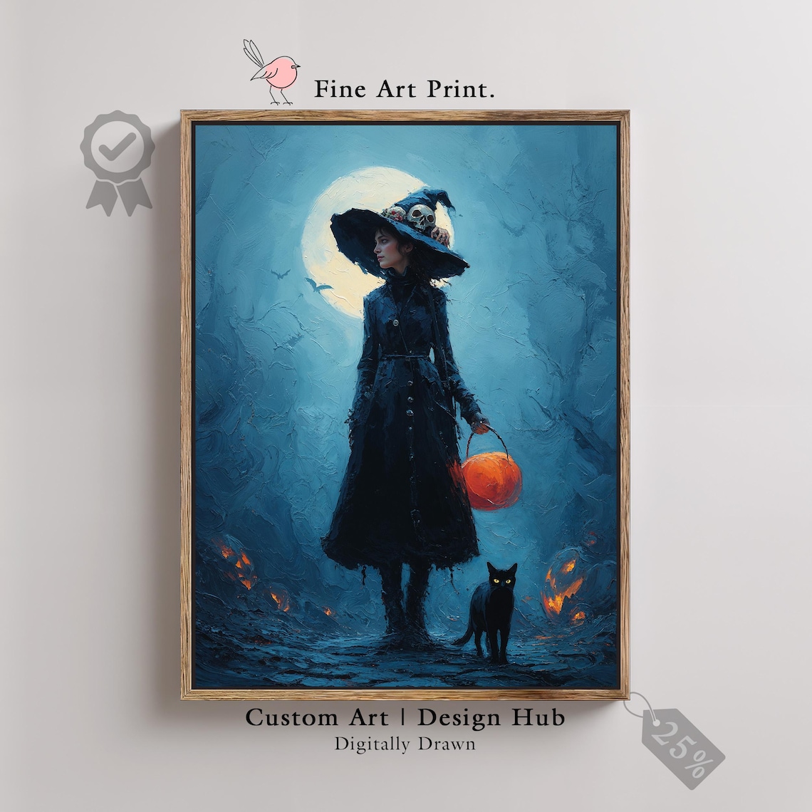 Witch And Black Cat Halloween Art Print Gothic Home Decor