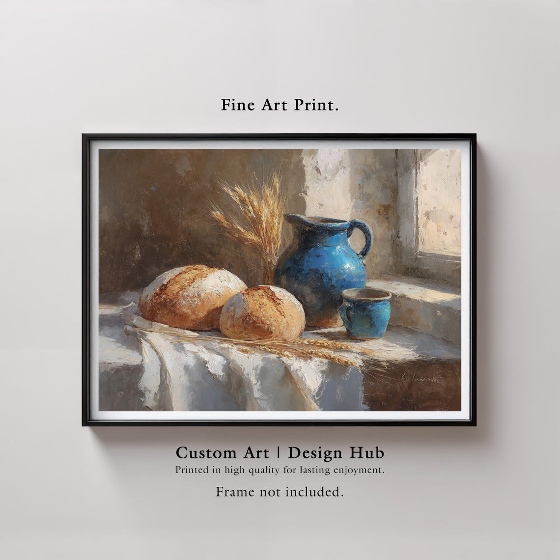 Rustic Bread Loaves Blue Pitcher Wheat Farmhouse Still Life Print