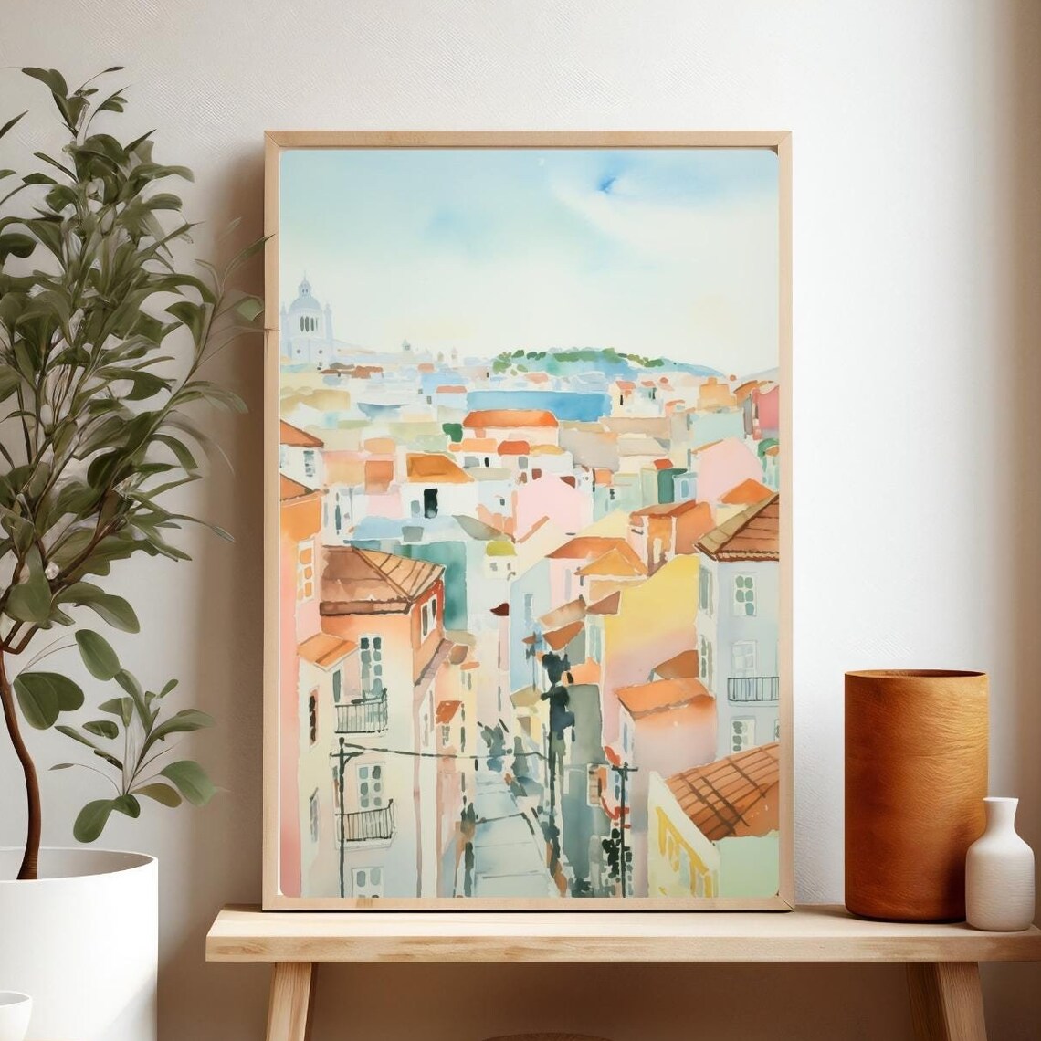 Lisbon Rooftop Hillside Watercolor City Painting Portugal Poster