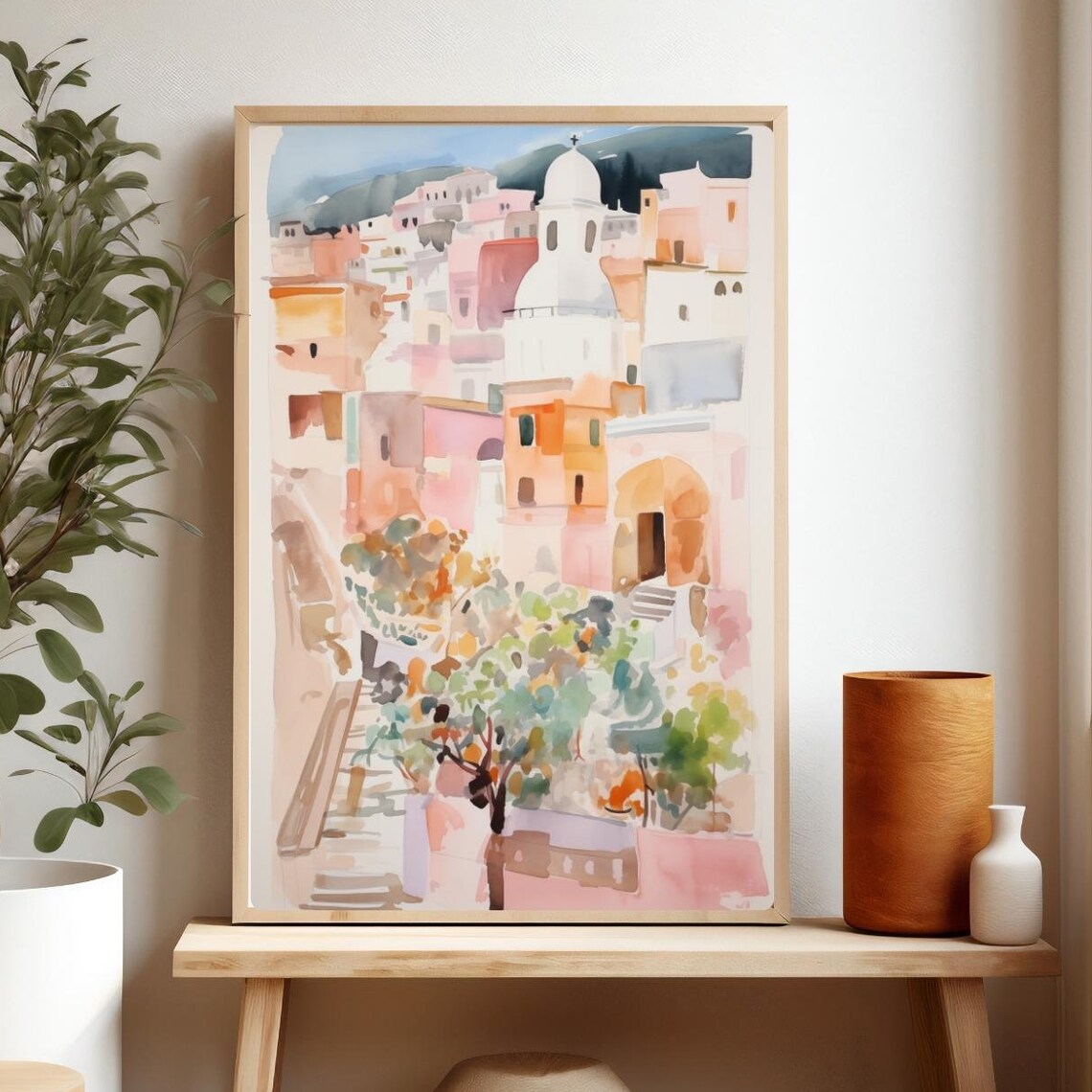 Italy Amalfi Coast Town Watercolor Pastel Hillside Village Poster