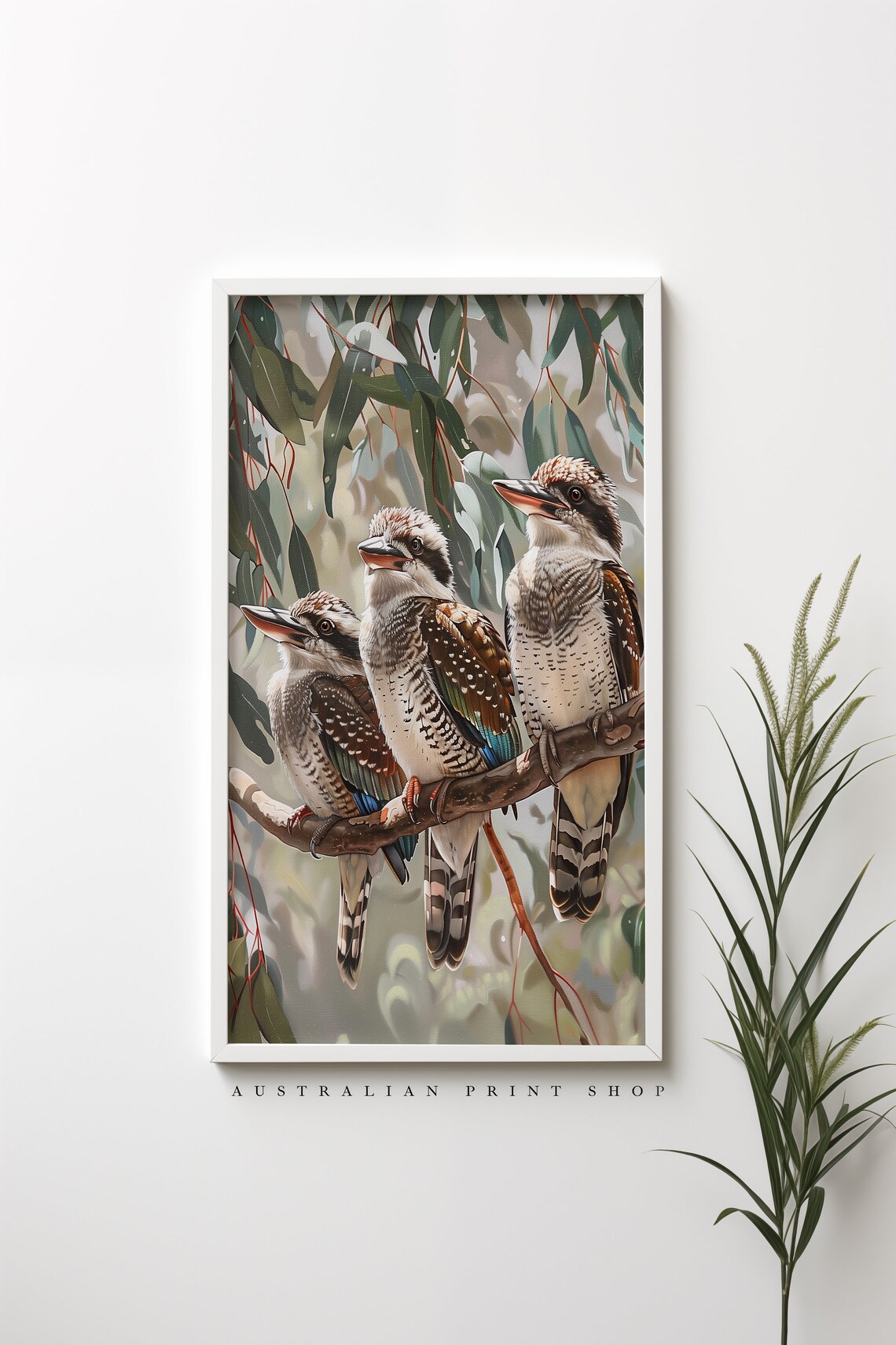 Kookaburra Trio, Sage Green Australian Art Print - Image 3