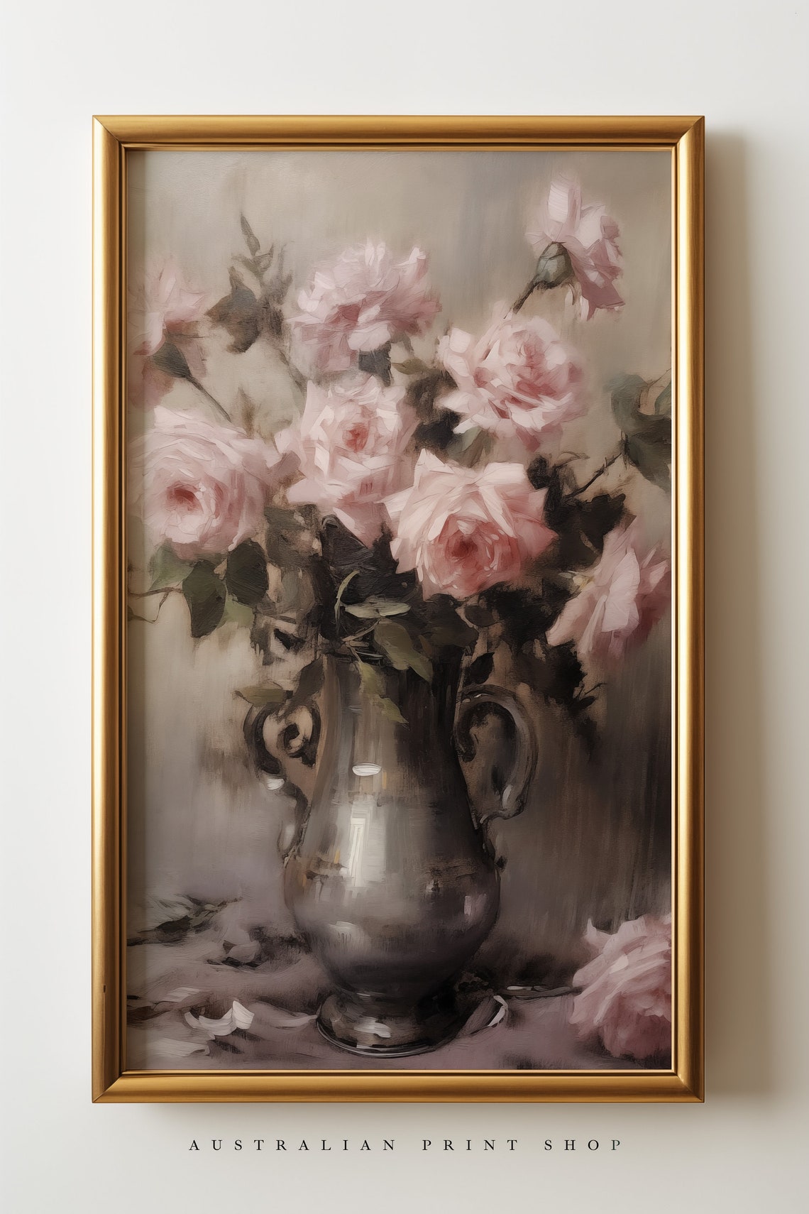 Vintage Pink Rose Oil Painting Neutral Moody Flower Print Wall Art Rose Flower Wall Decor - Image 6
