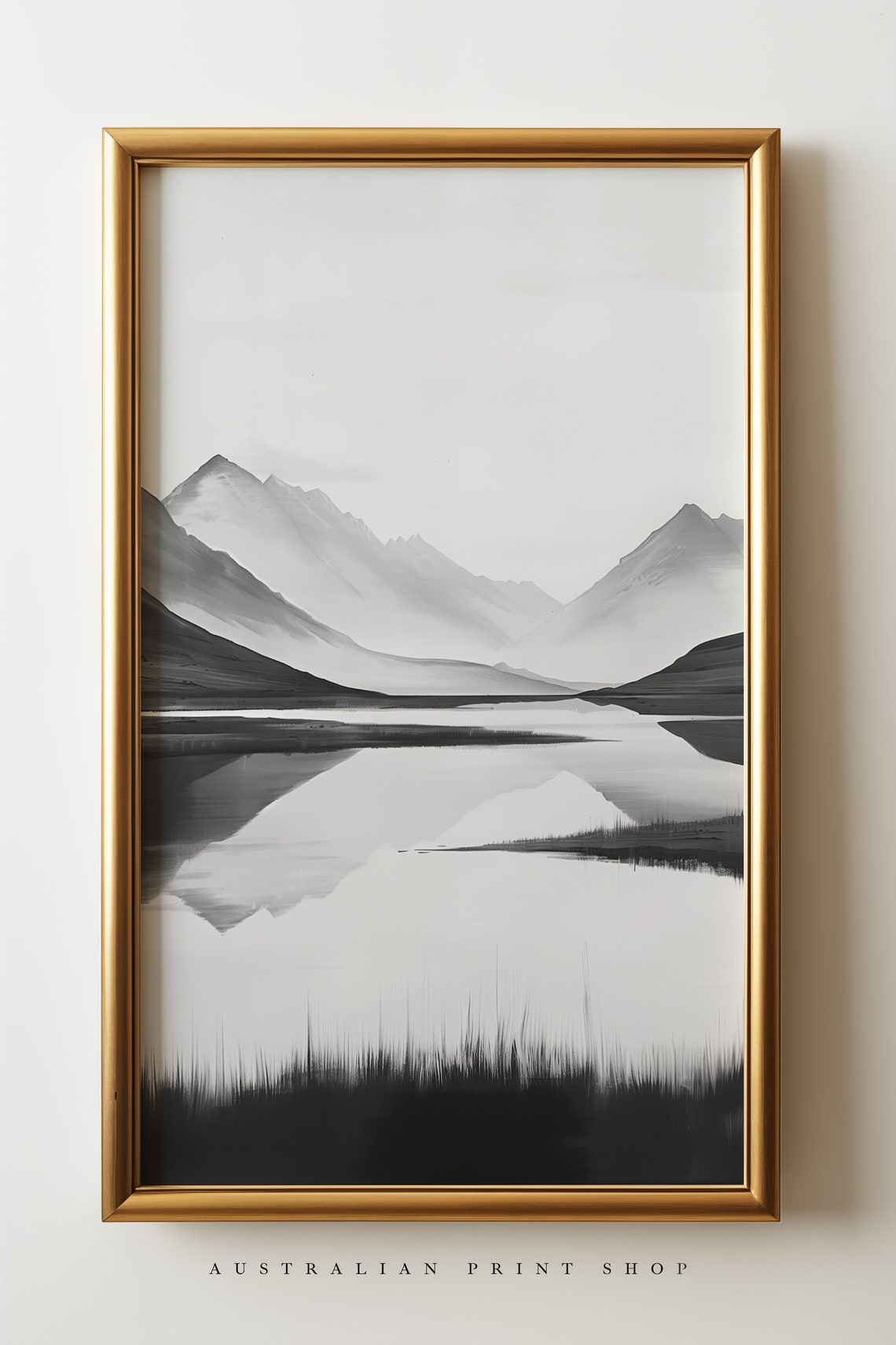 Winter Mountain Lake Black And White Landscape Painting Cloudy Mountain Living Room Bathroom Decor Gift - Image 3