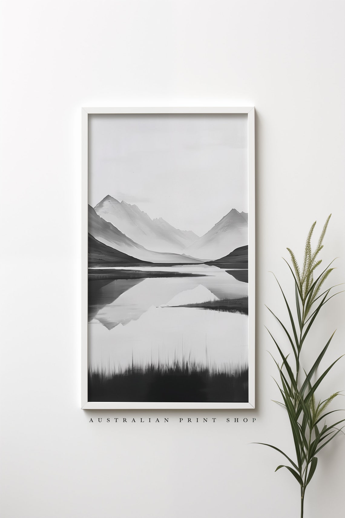 Winter Mountain Lake Black And White Landscape Painting Cloudy Mountain Living Room Bathroom Decor Gift - Image 5