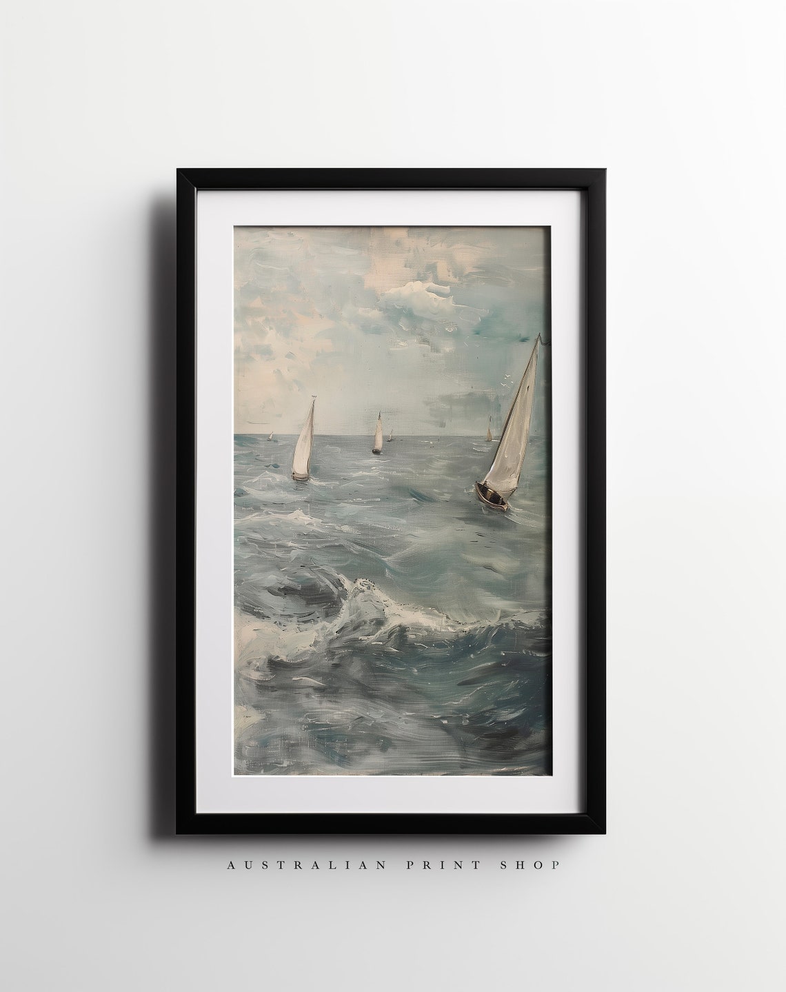 Vintage Ocean Oil Painting Muted Nautical Seascape Print Neutral Sailboat Ocean Art - Image 6