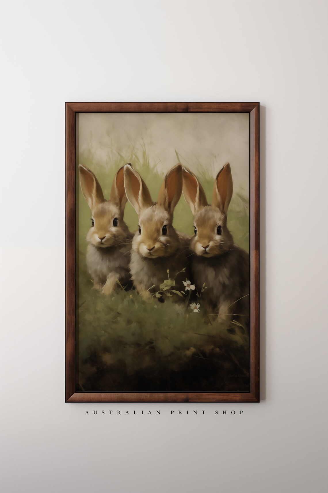 Three Cute Bunny Rabbits Huddled In Grass Vintage Oil Painting Poster