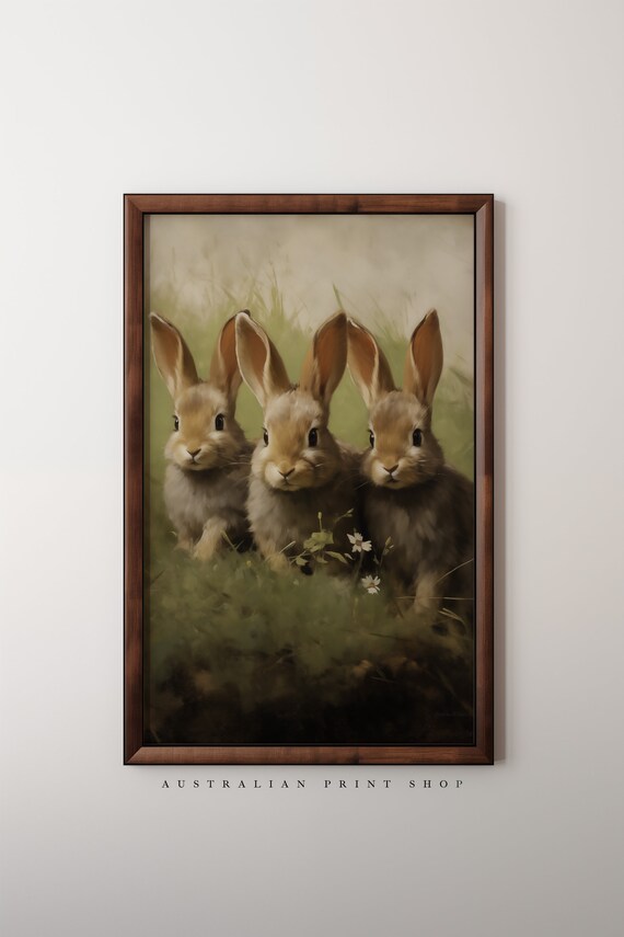 Three Cute Bunny Rabbits Huddled In Grass Vintage Oil Painting Poster