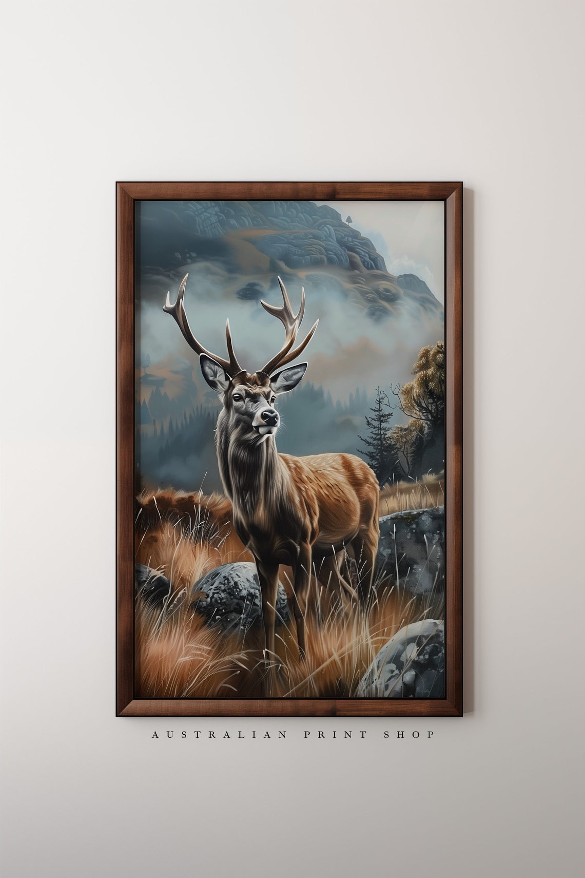 Vintage Red Deer Painting Nostalgic Charm Countryside Landscape Wall Art Farmhouse Decor Moody Print - Image 2