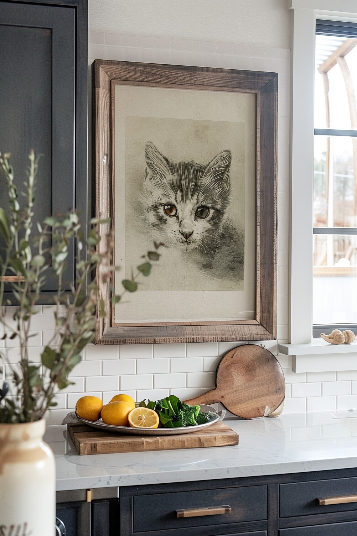 Wide Eyed Kitten Pencil Study With Amber Eyes Vintage Animal Wall Art - Image 4