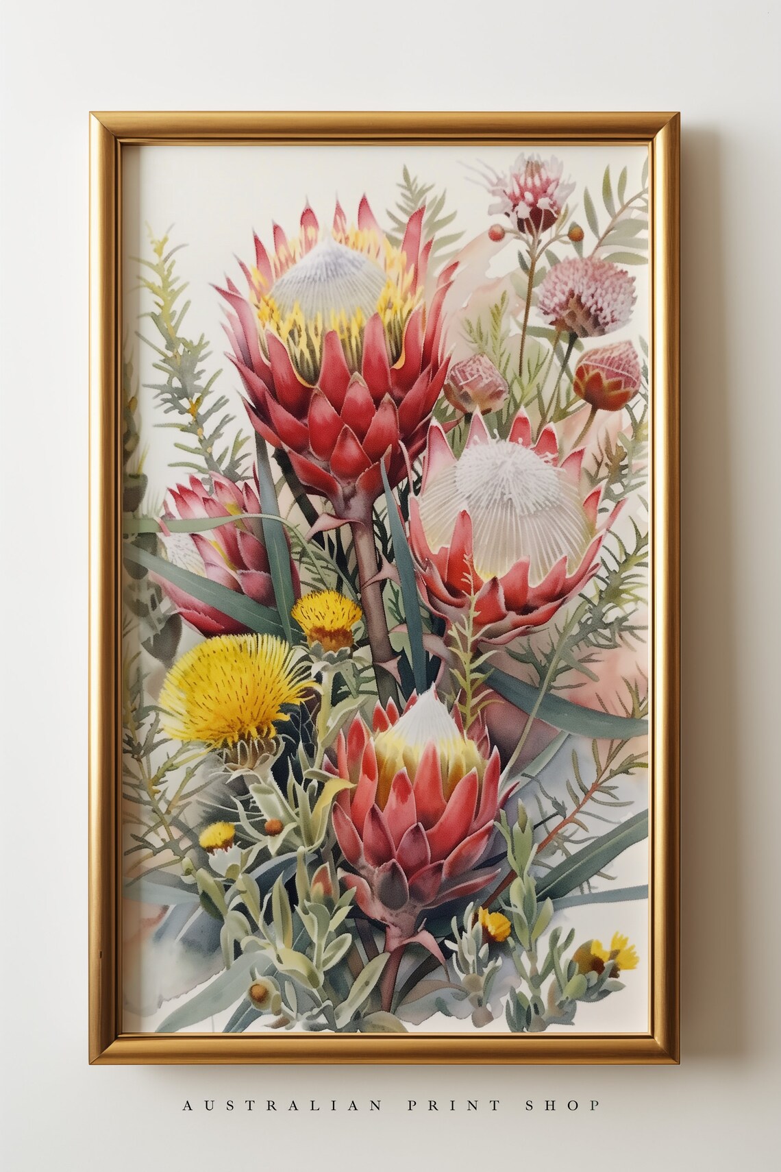 Australian Native Floral Art Print, Waratah Banksia Wattle - Image 3