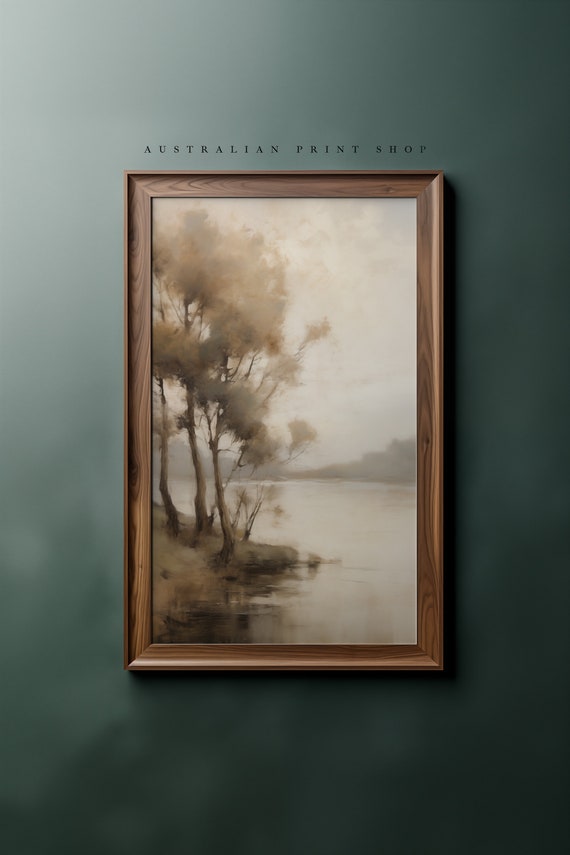 Vintage River Landscape Oil Painting Neutral Toned Wall Art Muted Art