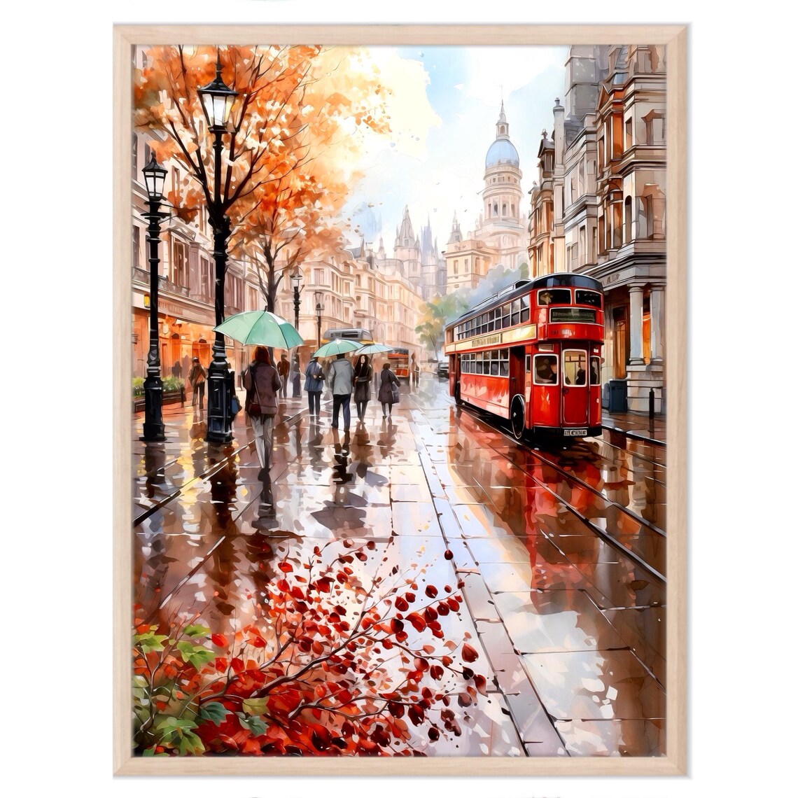 London Autumn Rain Red Double Decker Street Watercolor Poster