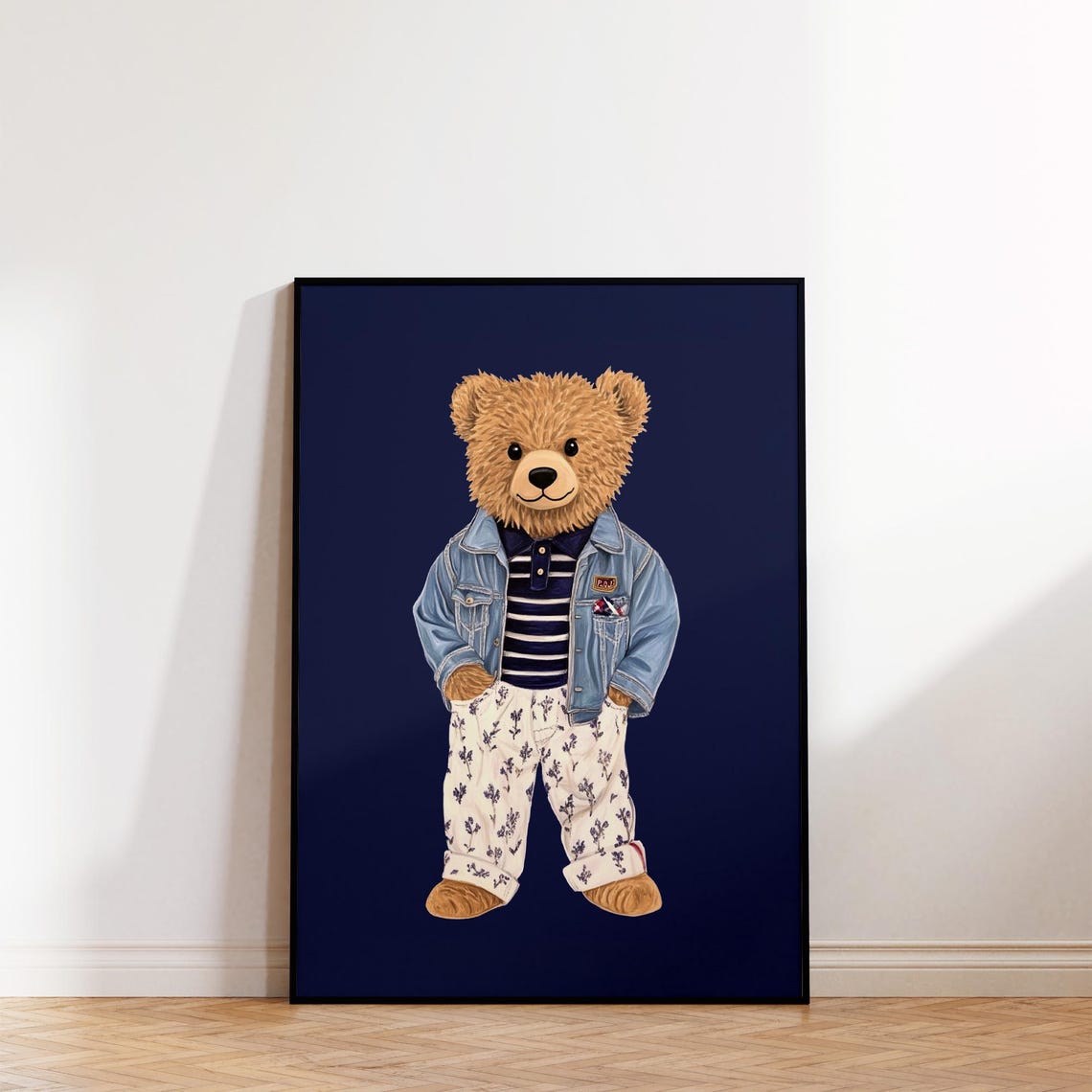 Vintage Teddy Bear Denim Jacket Striped Shirt Nursery Decor Poster - Image 2