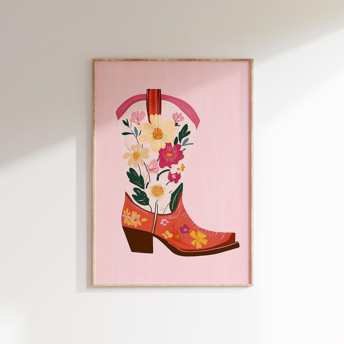 Red Floral Cowboy Boot On Pink Boho Western Style Art Poster - Image 2