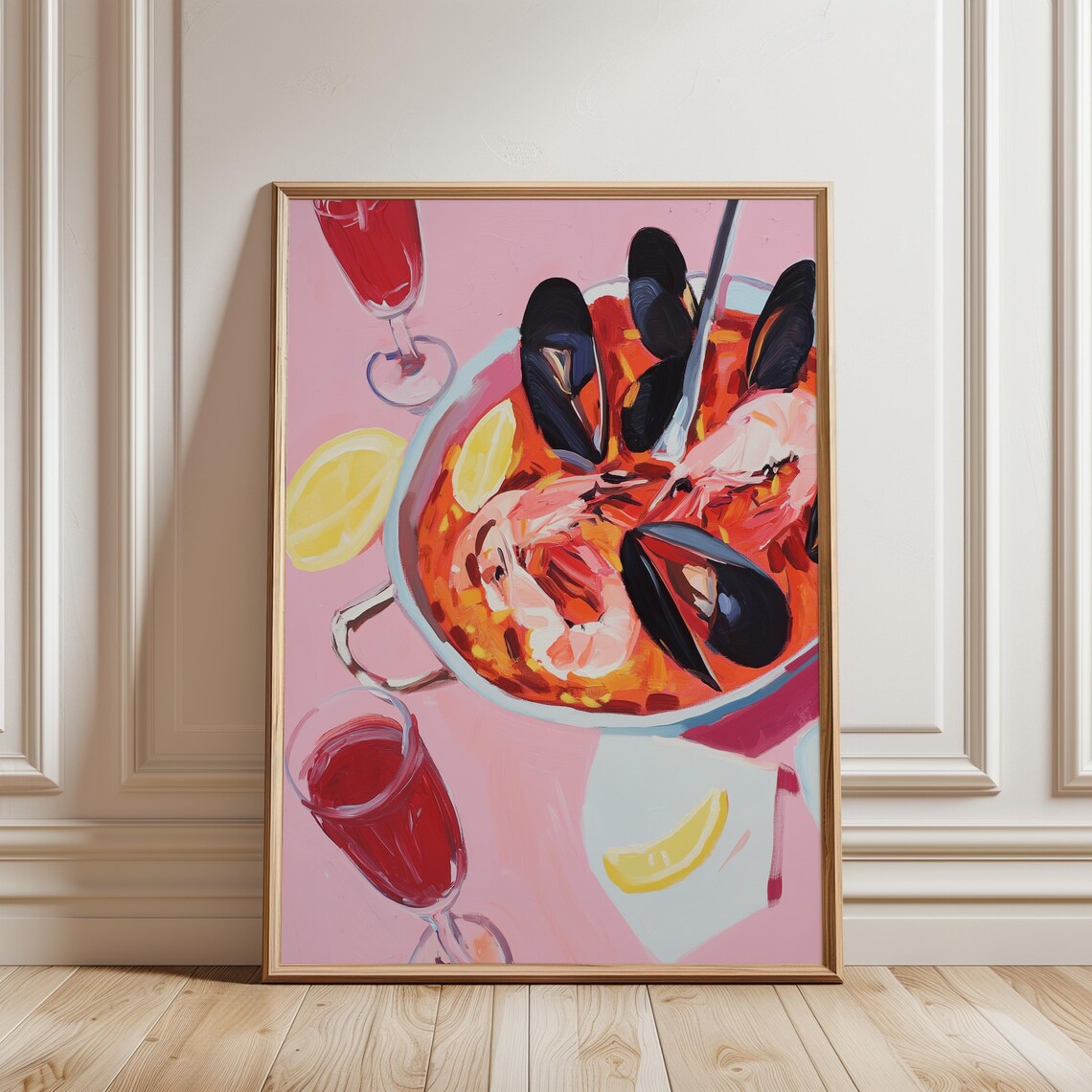 Spanish Seafood Paella With Shrimp Mussels Wine Pink Food Art Poster - Image 2