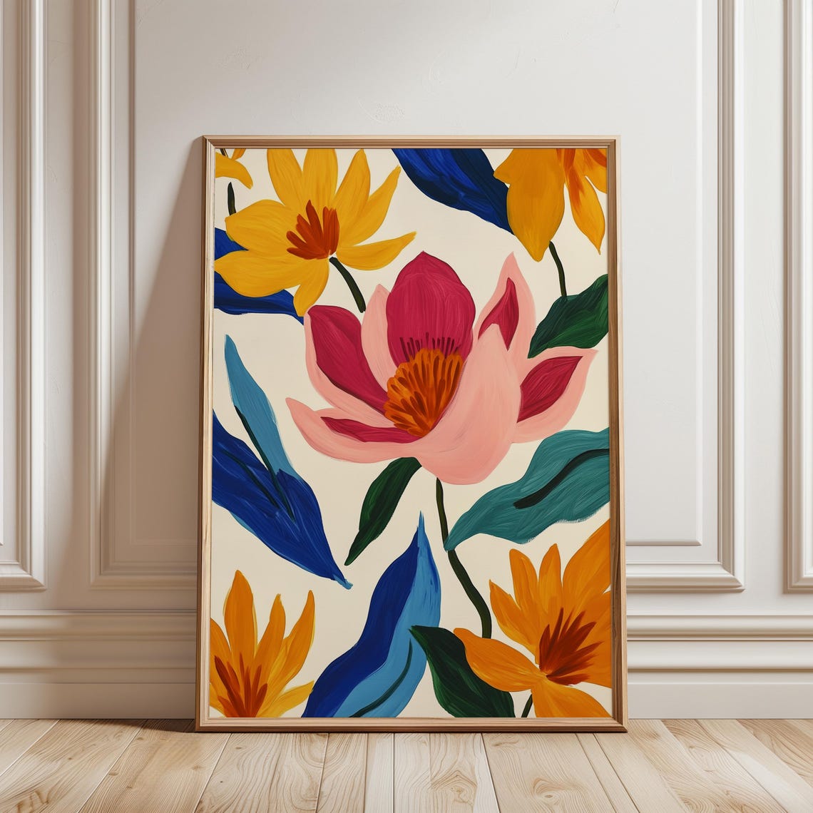 Modern Botanical Flower Print Pink Orange Blue Floral Wall Poster