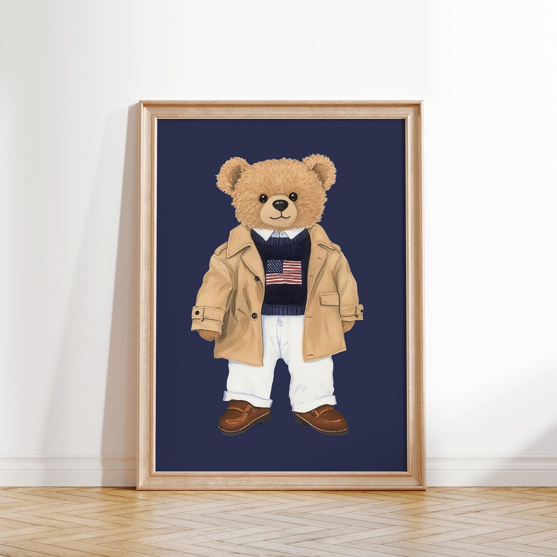 Preppy Teddy Bear In Trench Coat Flag Sweater Americana Style Poster