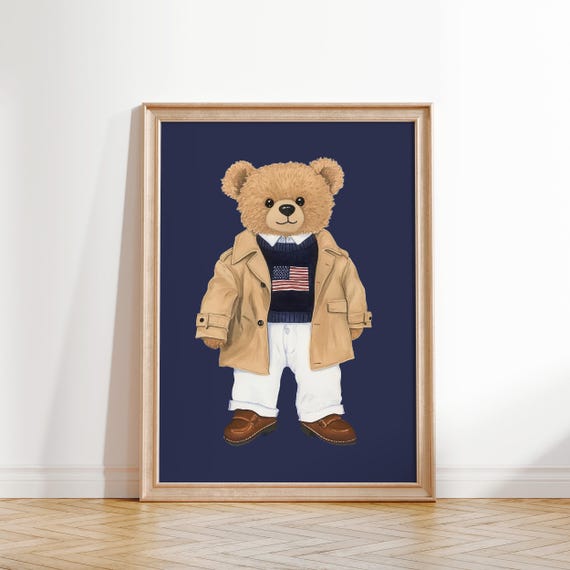 Retro Plaid Teddy Bear Wall Art Preppy Nursery Print Baby Room Poster Kids Room Decor Vintage Nursery Art Animal Wall Art