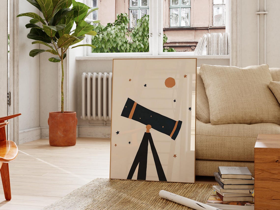 Vintage Black Telescope Tripod Stars Moon Astronomy Kids Poster