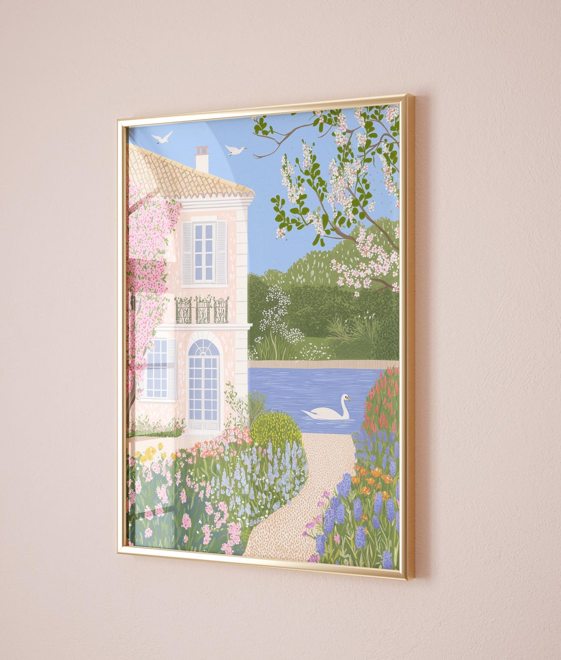 French Riviera Pink Villa Lake Swan Garden Spring Coastal Poster - Image 5