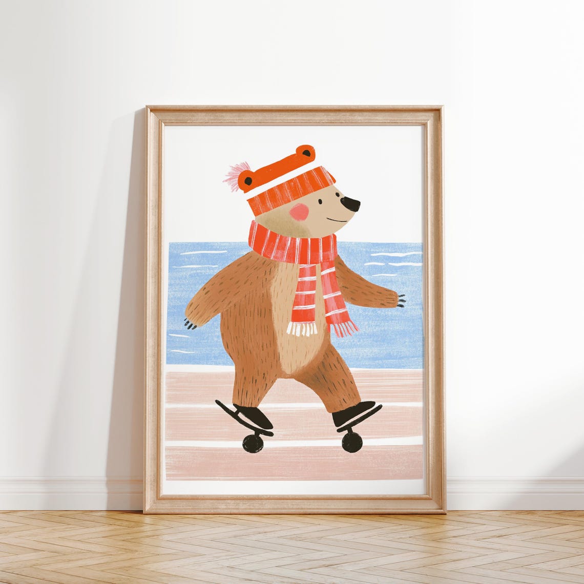 Bear Ice Skating In Winter Hat And Scarf Nursery Kids Animal Poster - Image 3