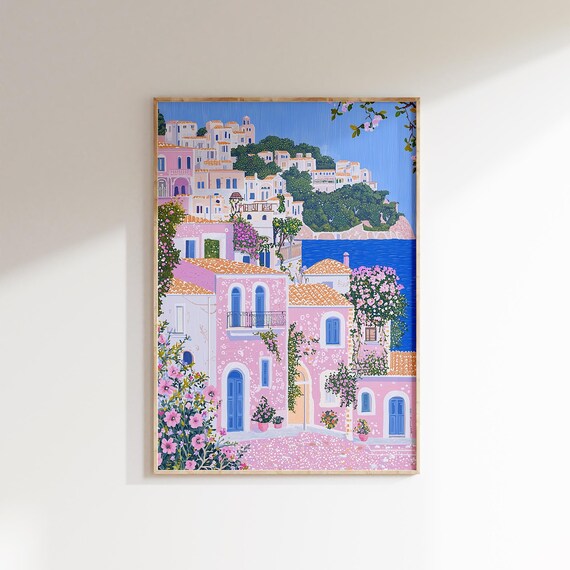 Pink Italian Coastal Town on Cliffs Above the Sea Mediterranean Art Poster