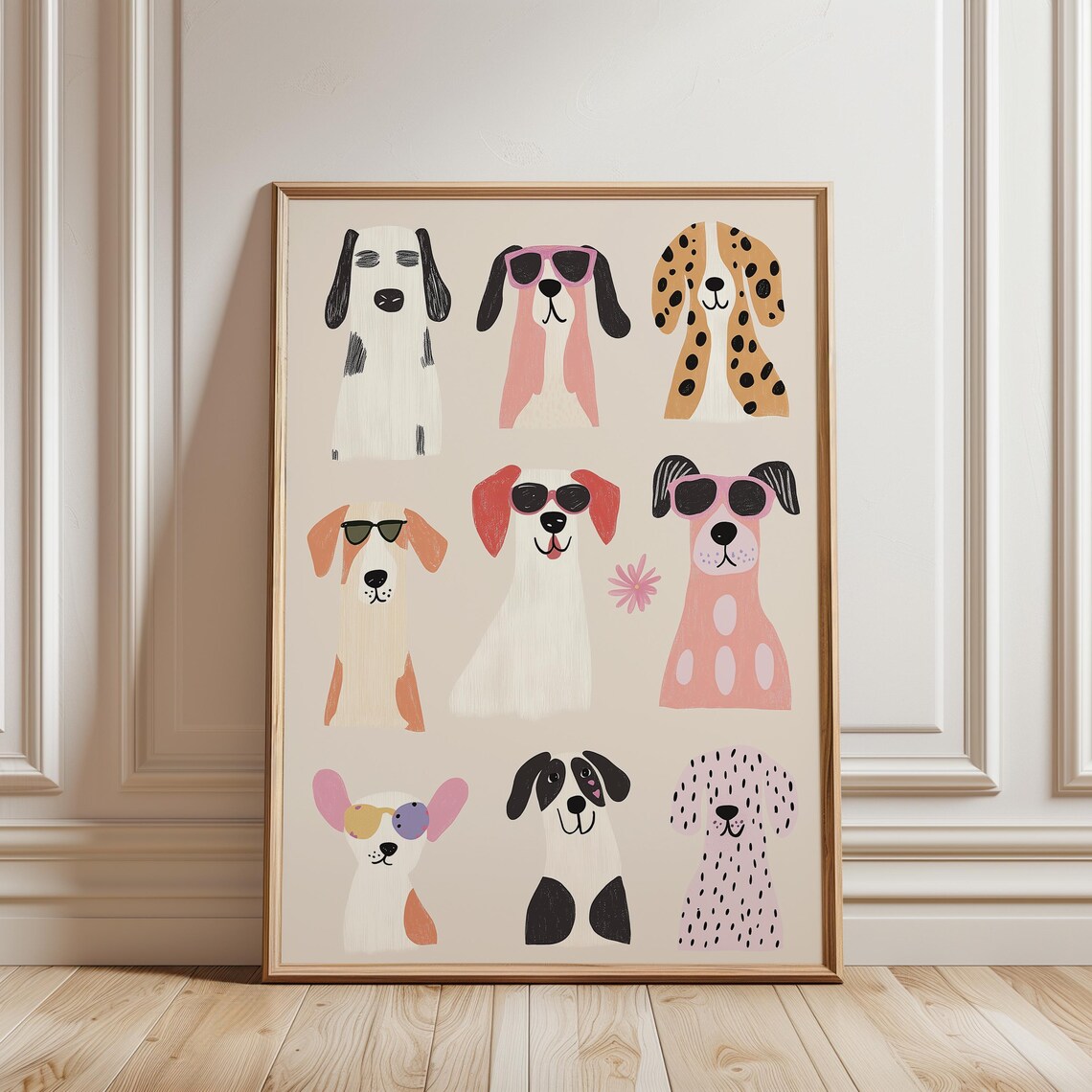 Fashionable Dogs Print Nine Pink Pups Sunglasses Kids Room Wall Poster - Image 3