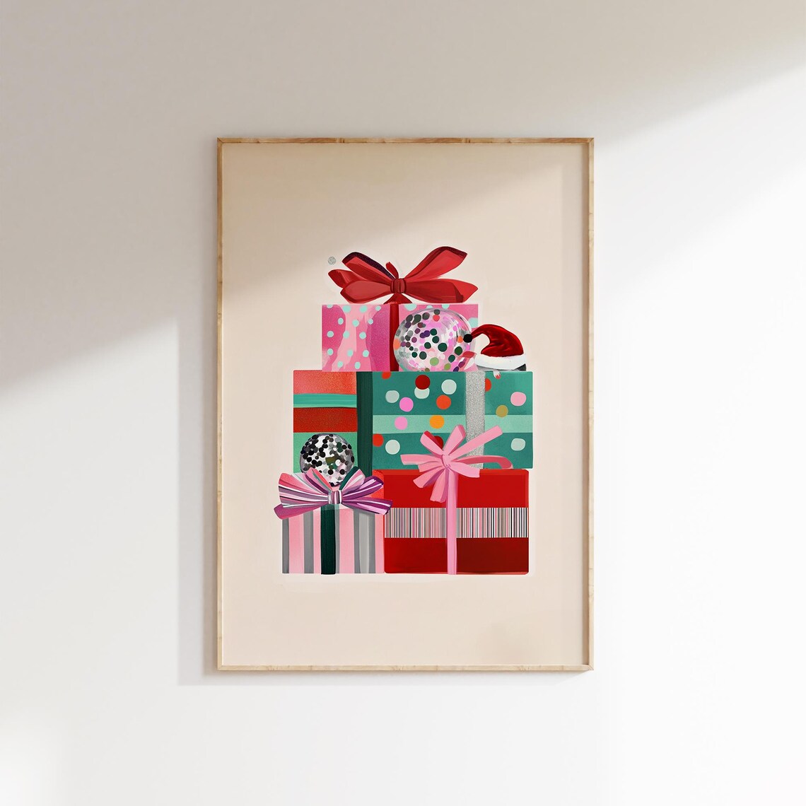 Colorful Stacked Christmas Presents Gift Bows Holiday Decor Poster - Image 2