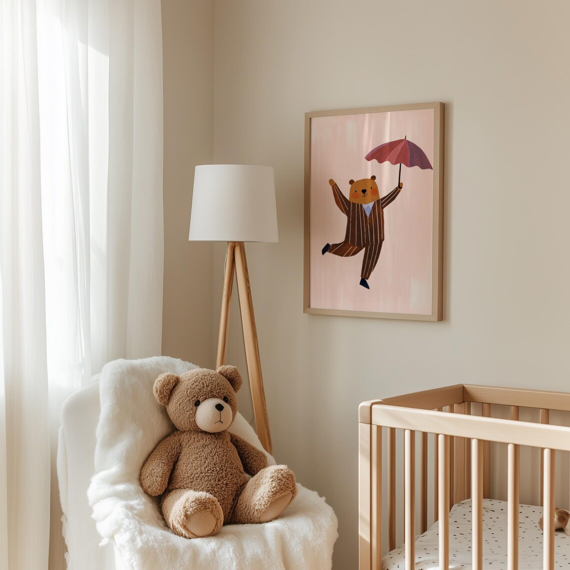 Dancing Bear Pink Umbrella Rain Striped Suit Cute Nursery Wall Art Print - Image 2