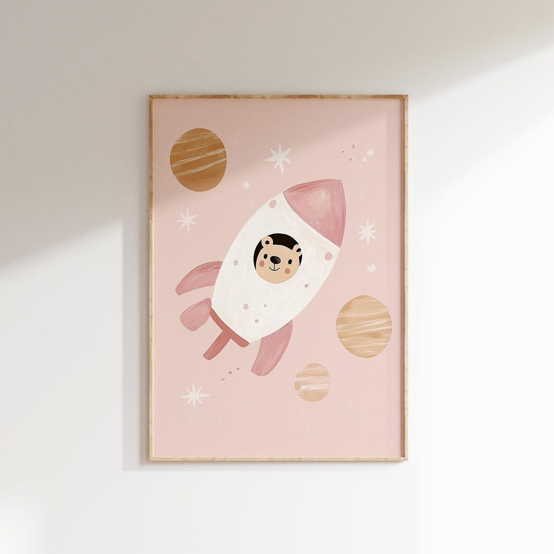 Rocket Ship Space Print Nursery Wall Art Boys Room Decor Outer Space Theme Pink Kids Room Poster Whimsical Rocket Illustration - Image 2