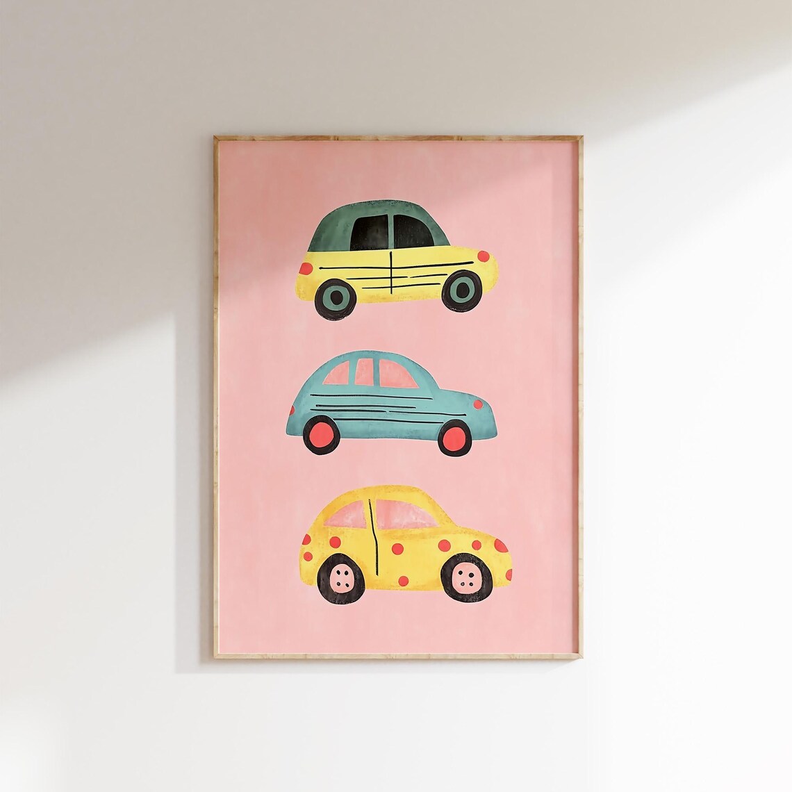 Colorful Cute Cartoon Cars Trio Pink Kids Nursery Vehicle Poster
