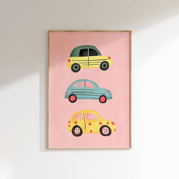 Yellow Car Wall Art Nursery Kids Room Decor Boys Room Poster Playroom Art Cute Car Print Transportation Decor