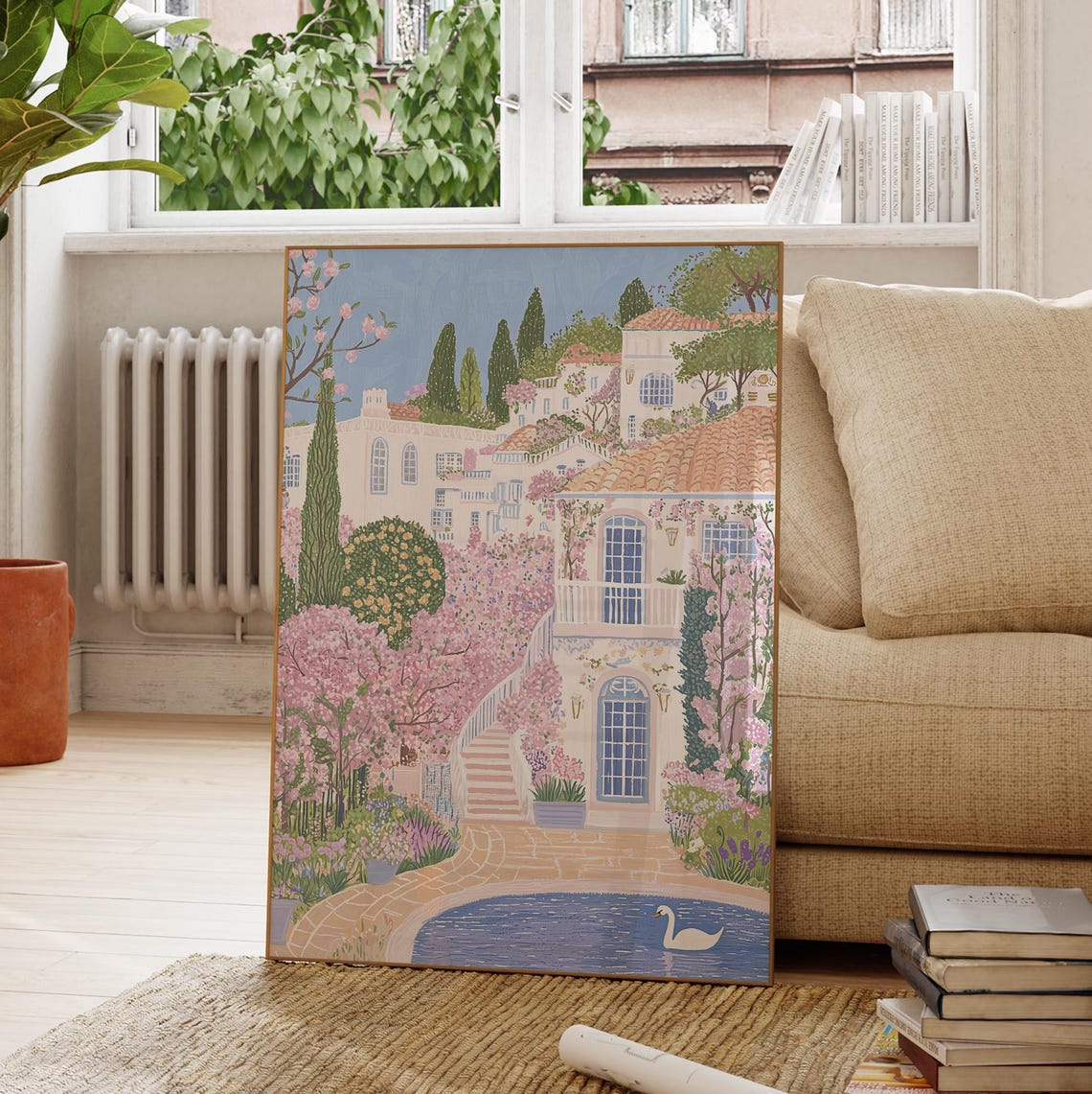 Pink Blossom Mediterranean Hillside Village Swan Pond Spring Poster - Image 4