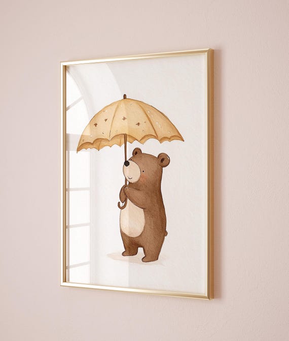 Adorable Bear With Umbrella Print Nursery Wall Art For Boys And Girls Cute Animal Illustration For Kids Room Playroom