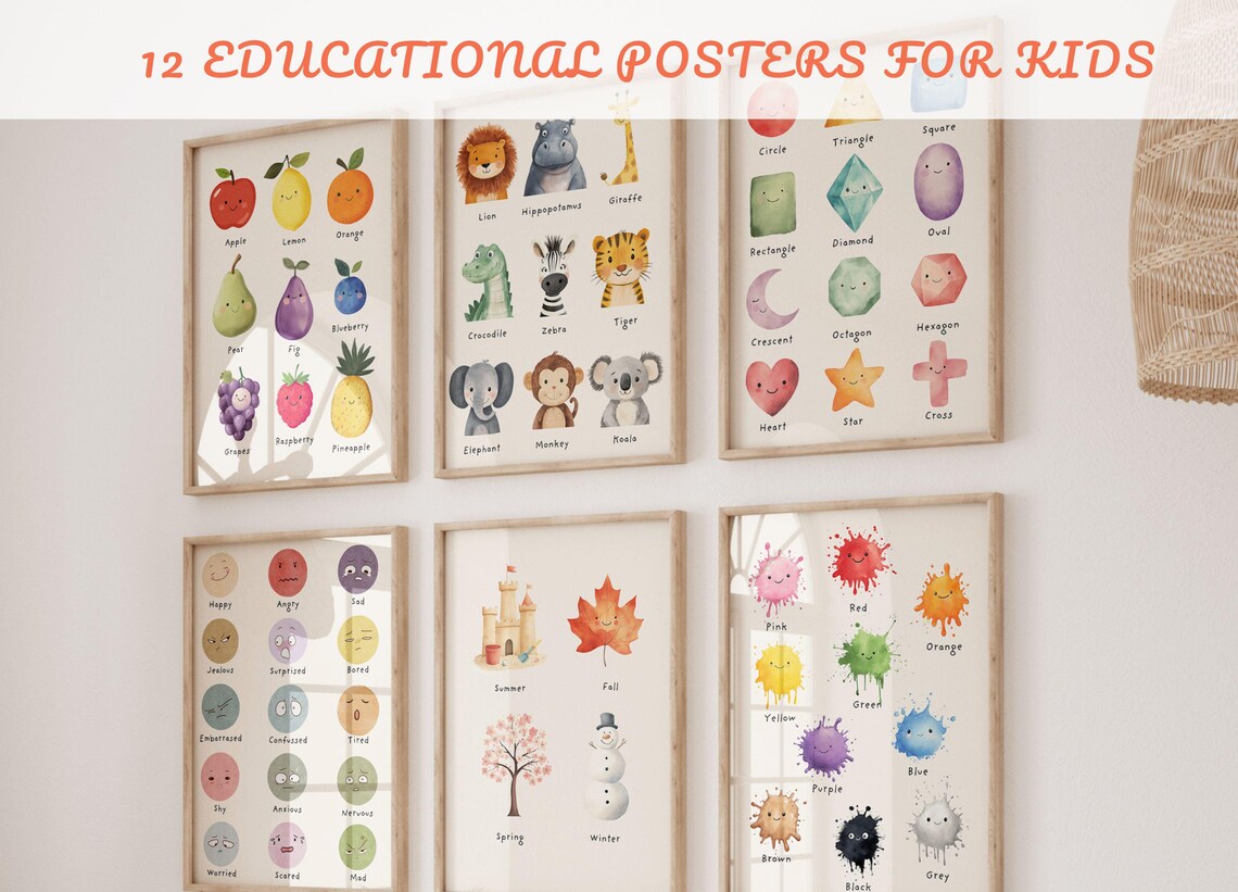 12 Educational Posters for Kids Set Classroom Decor Homeschool Wall Art