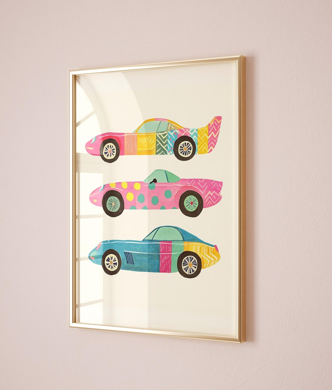 Three Colorful Patterned Race Cars Illustration Kids Room Art Poster