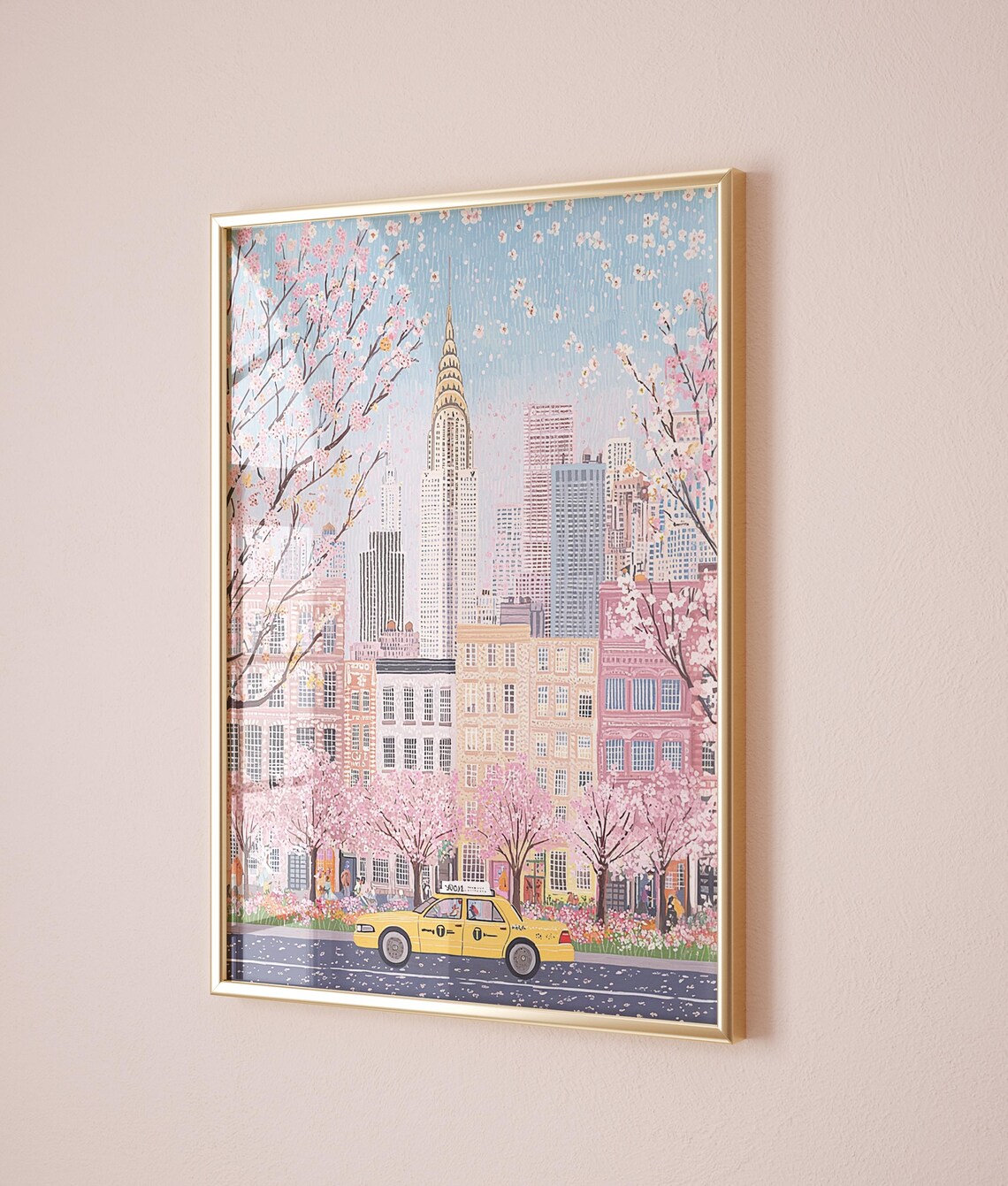 New York Taxi Blossom Trees Chrysler Building Pink Street Poster - Image 2