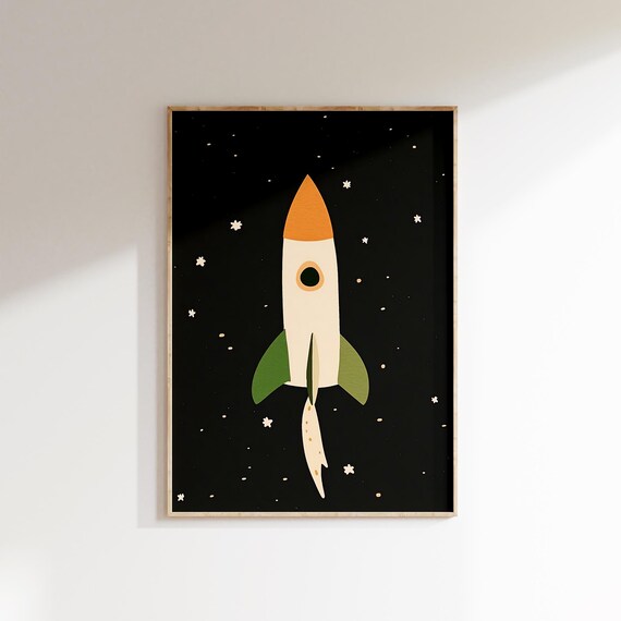 Rocket Ship Blasting Off Black Starry Night Sky Space Kids Poster