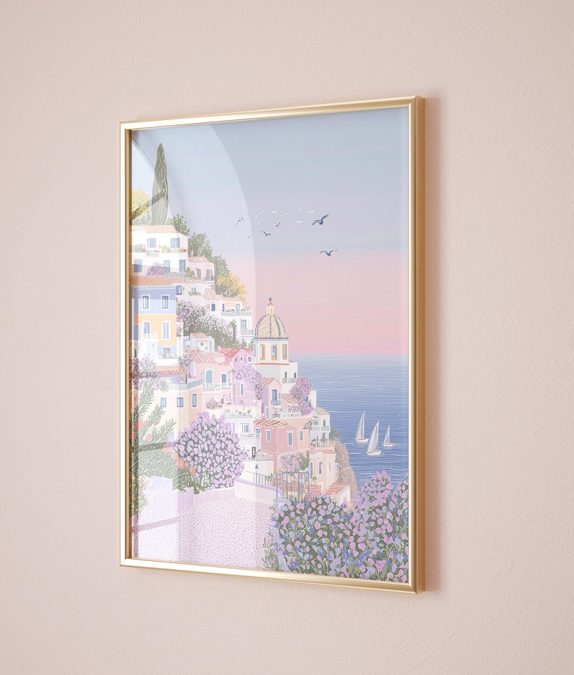 Coastal Cliffside Town at Sunset Sailboats Pink Sky Travel Poster - Image 2