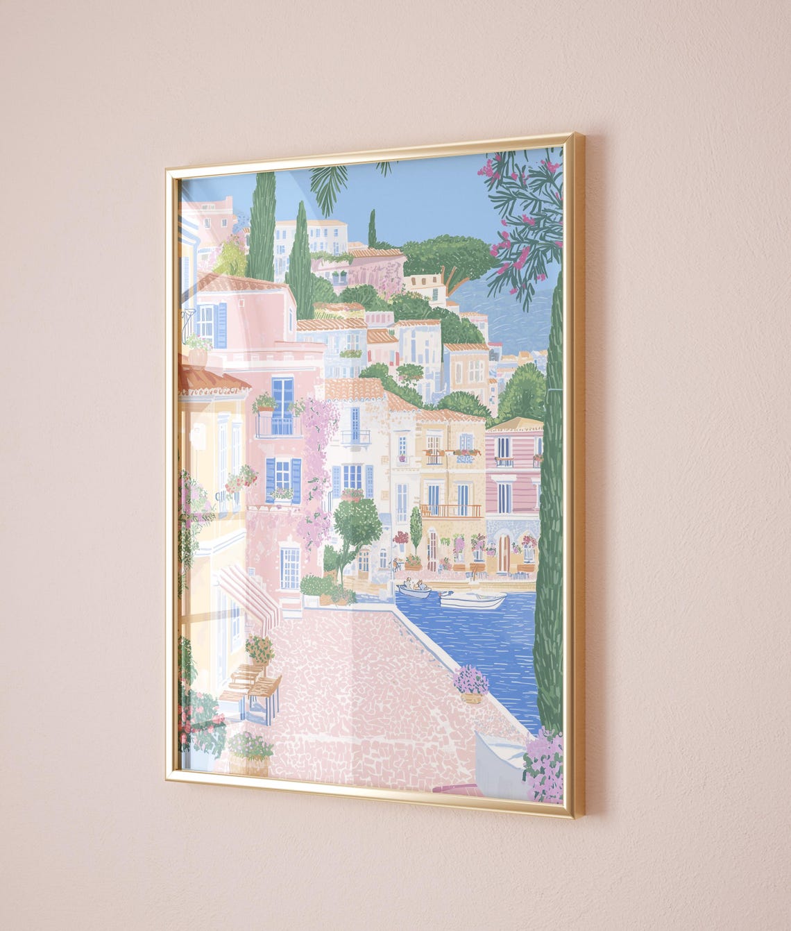 Mediterranean Harbor Village Pastel Houses Boats Coastal Poster - Image 3