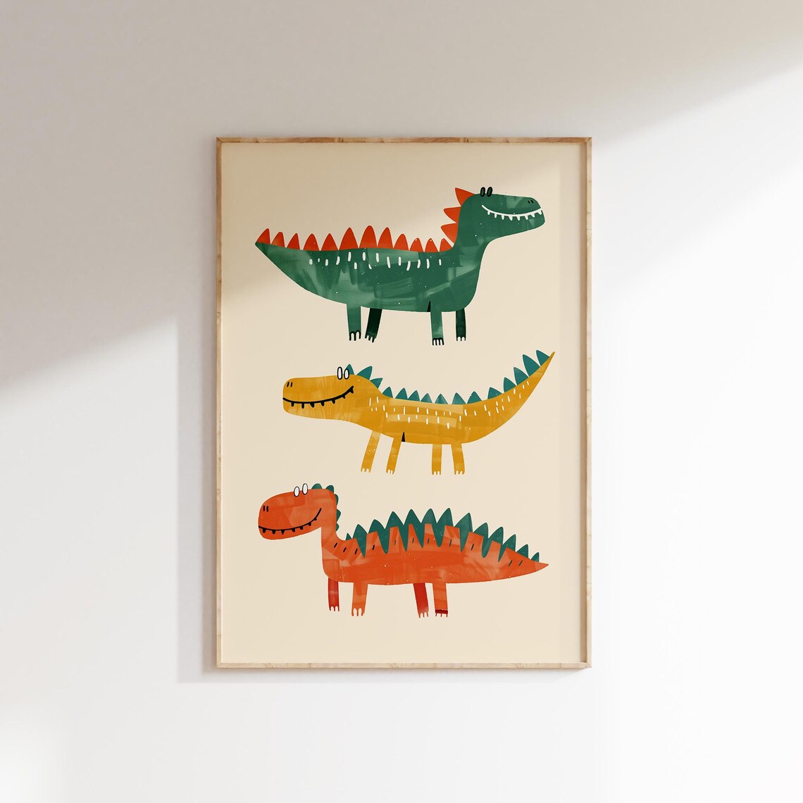Three Colorful Dinosaurs Stacked Kids Room Print Playful Dino Nursery Art