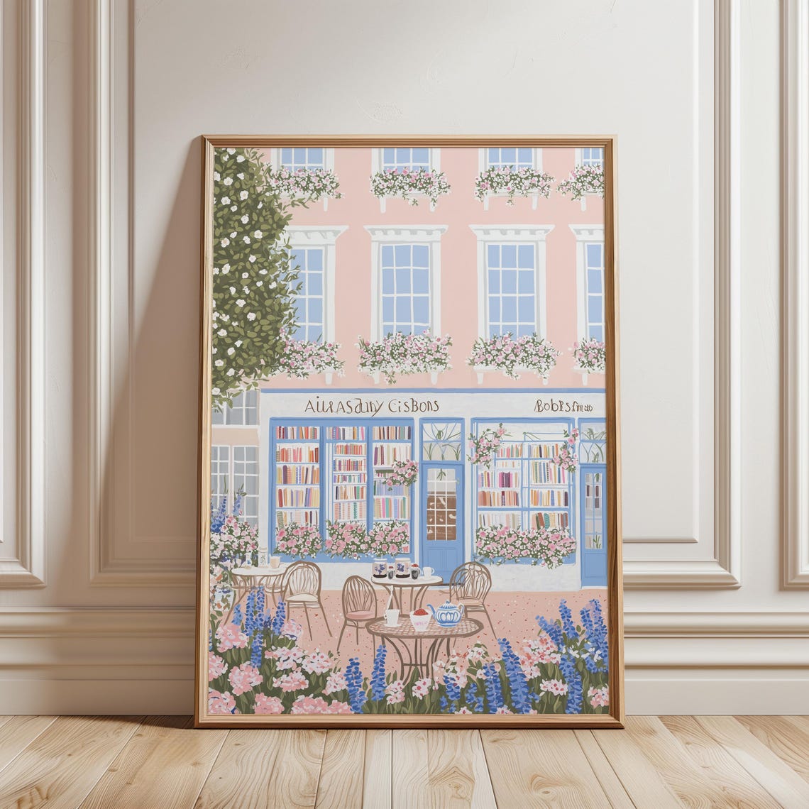 English Bookstore Front Pink Blue Flowered Bookshop Cottage Poster