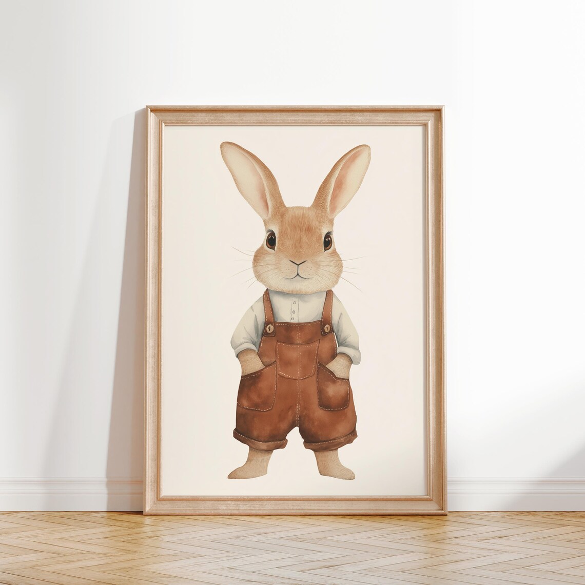Sweet Little Bunny In Brown Overalls Watercolor Nursery Poster - Image 2