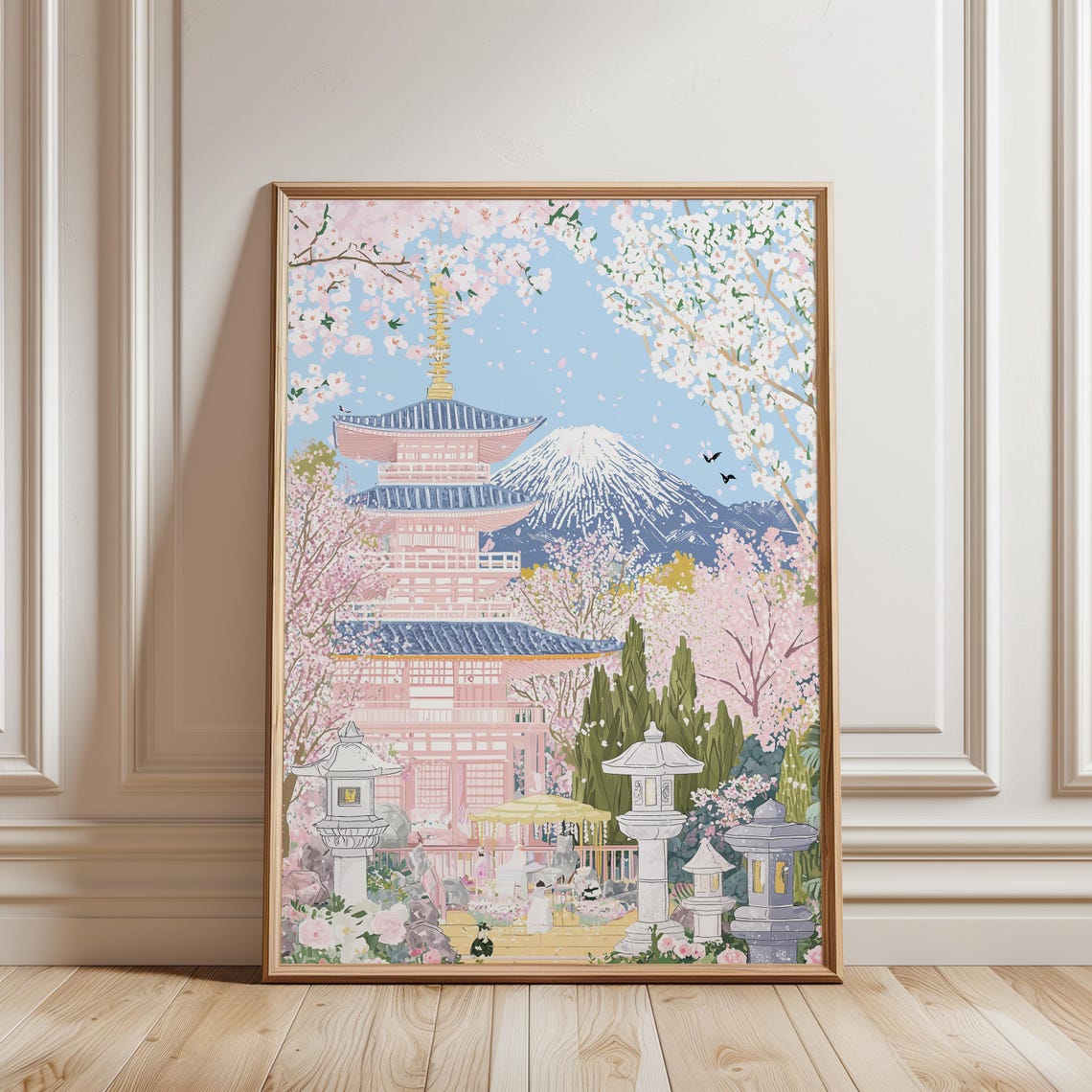 Mount Fuji Cherry Blossom Pink Pagoda Japanese Garden Spring Poster