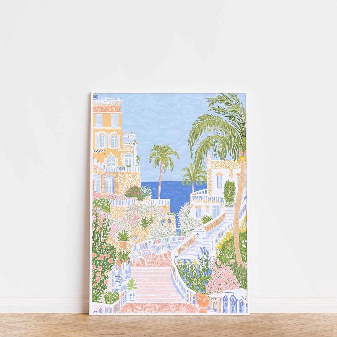 Mediterranean Villa Steps Yellow Terrace Coastal Garden Sea Poster - Image 3
