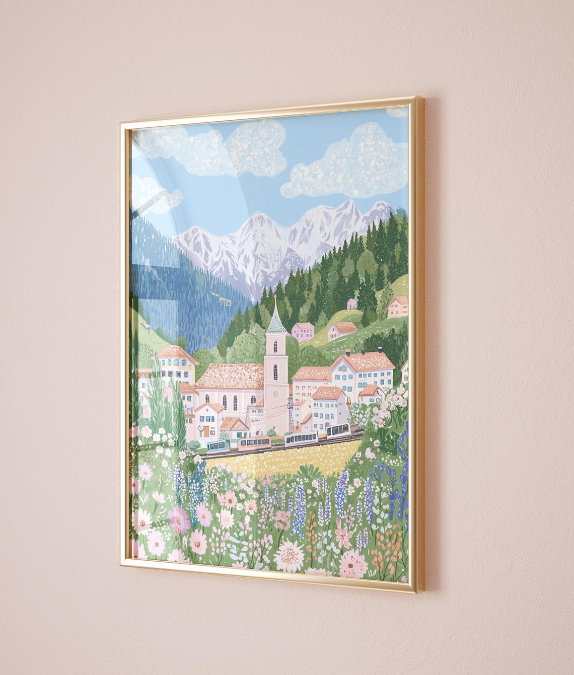 Alpine Village Church Train Wildflower Meadow Mountain Poster - Image 2
