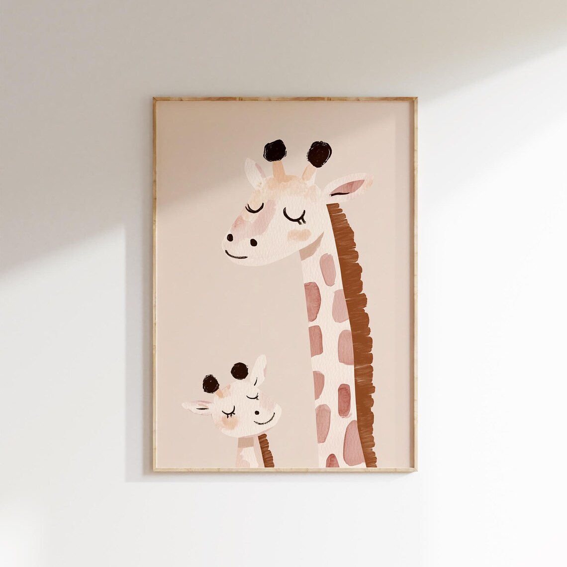 Mother Baby Giraffe Pink Watercolor Nursery Kids Room Wall Art - Image 2