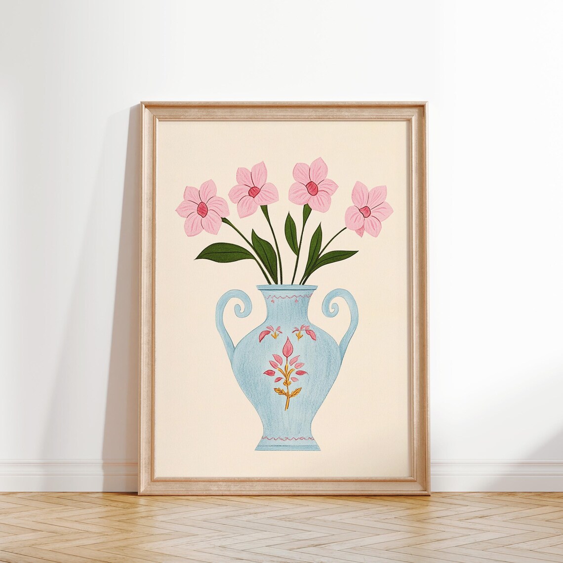 Blue Decorative Vase With Pink Flowers Kids Nursery Floral Theme Poster - Image 2